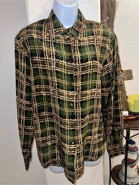Vintage Silk Jessica Lauren Green Plaid Button-Up Shirt